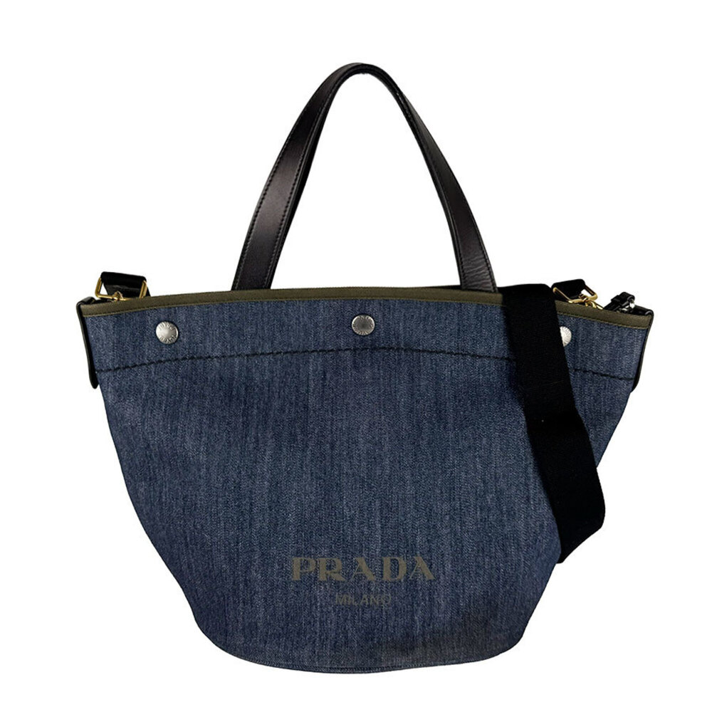 Prada PRADA Handbag Shoulder Bag Denim Leather Blue Khaki Black Women's 1BG24...